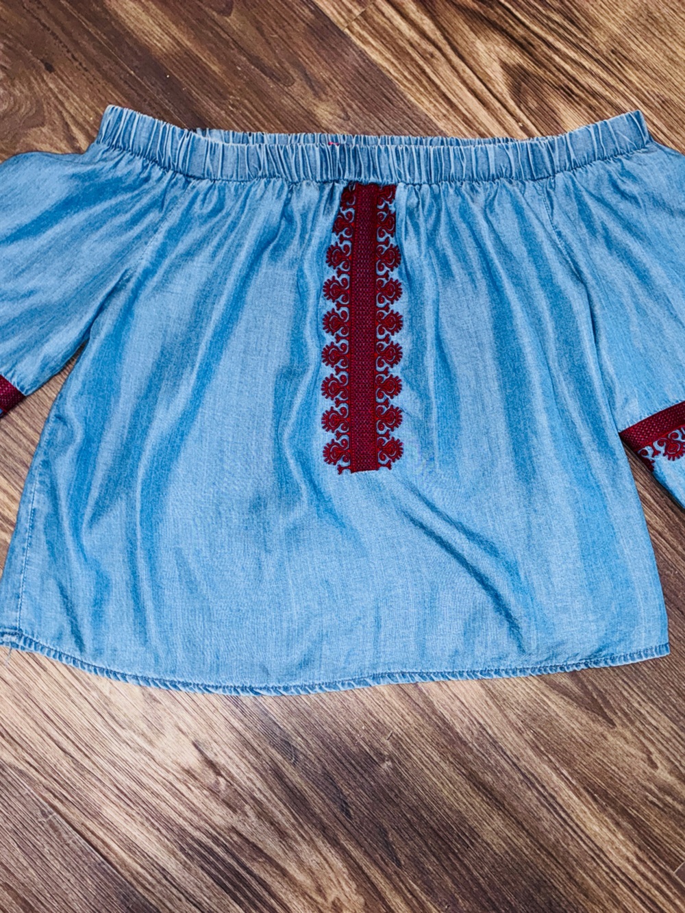Chelsea & Violet Embroidered Off-the-Shoulder Chambray Blouse